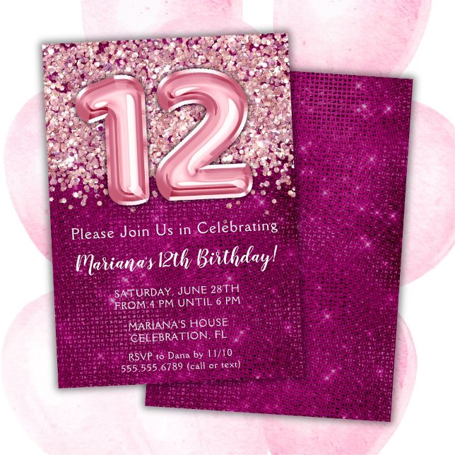 12th Birthday Invitation Girl Magenta Pink Glitter (Creator Uploaded)
