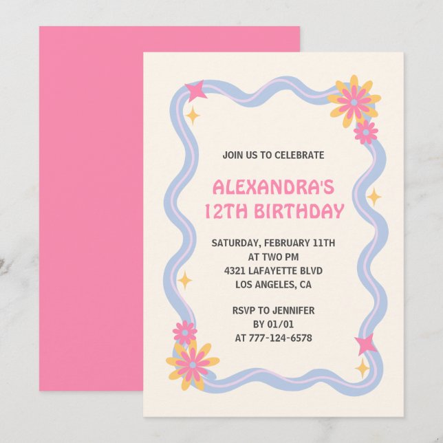 12th birthday invitation Retro Groovy Pink Flowers (Front/Back)