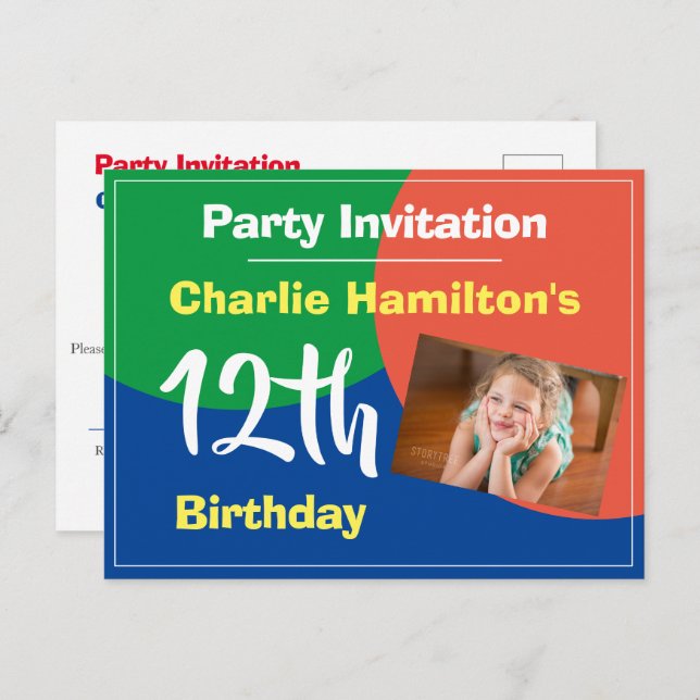 12th Birthday Invitation with Photo Postcard (Front/Back)