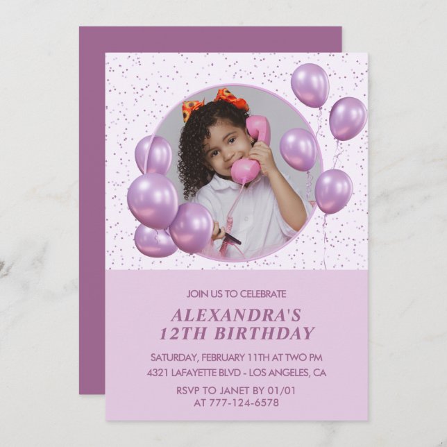 12th birthday invitations Balloons Photo Purple (Front/Back)