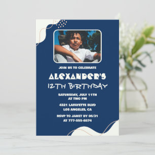12th birthday invitations Boy Photo Simple Navy 