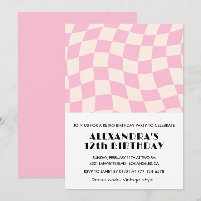 12th birthday invitations Chequered Retro Pink  (Front/Back)