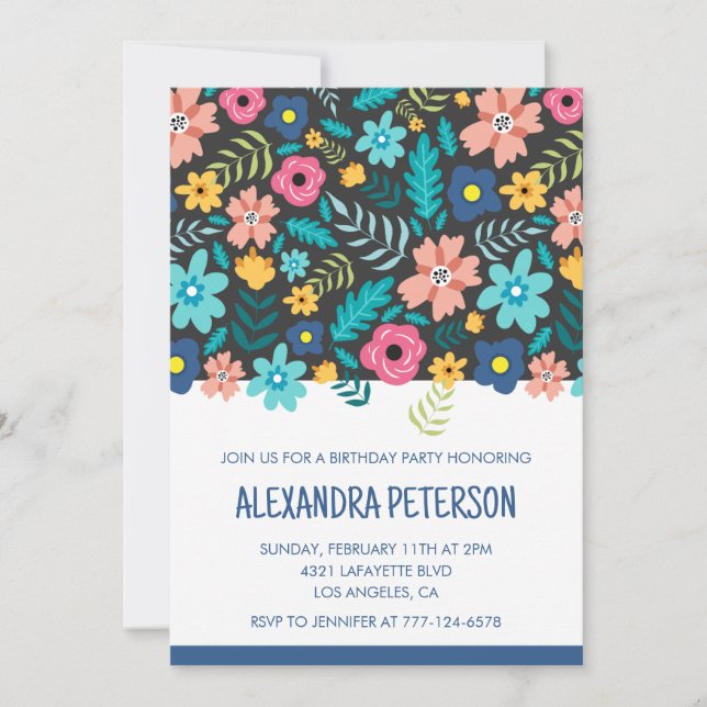 12th birthday invitations Floral Pattern Blue (Front)