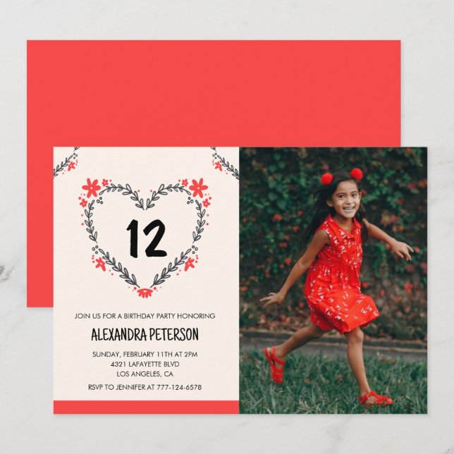 12th birthday invitations for her Floral Heart (Front/Back)