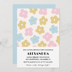 12th birthday invitations Retro Blue Pink Floral