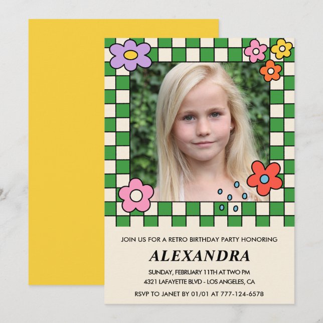 12th birthday invitations Retro Groovy Flowers (Front/Back)