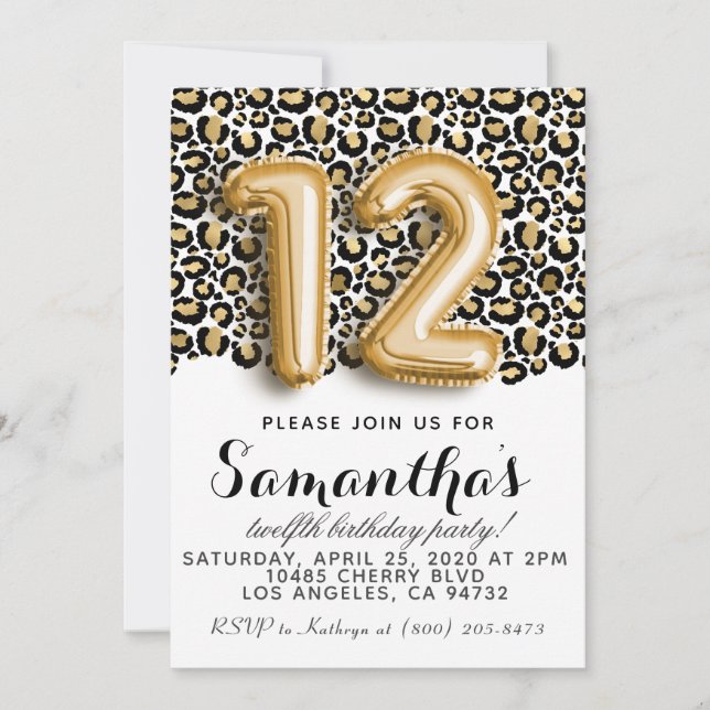 12th Birthday Leopard Animal Print Invitation (Front)