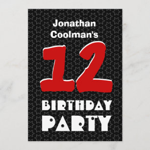 12th Birthday Modern Teen Black White Stars W03AC Invitation