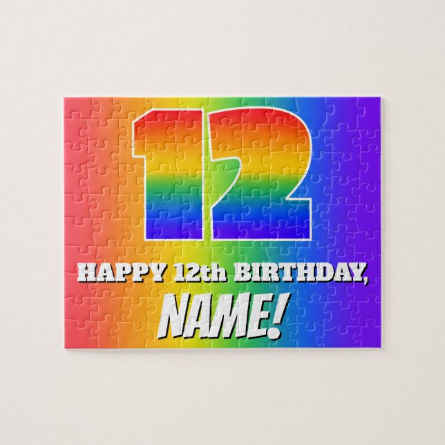 12th Birthday — Multicolored Rainbow Pattern “12” Jigsaw Puzzle (Horizontal)