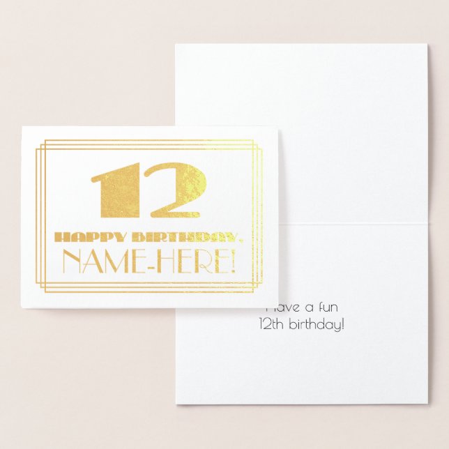 12th Birthday; Name + Art Deco Inspired Look "12" Foil Card (Display)
