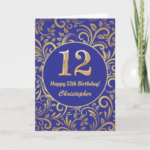 12th Birthday Navy Blue and Gold Floral Pattern Card