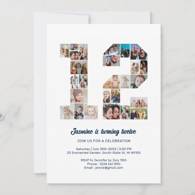 12th Birthday Number 12 Custom Photo Collage Invitation (Front)