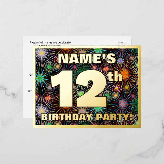 12th Birthday Party: Bold, Colourful Fireworks Loo Foil Invitation Postcard (Front/Back)
