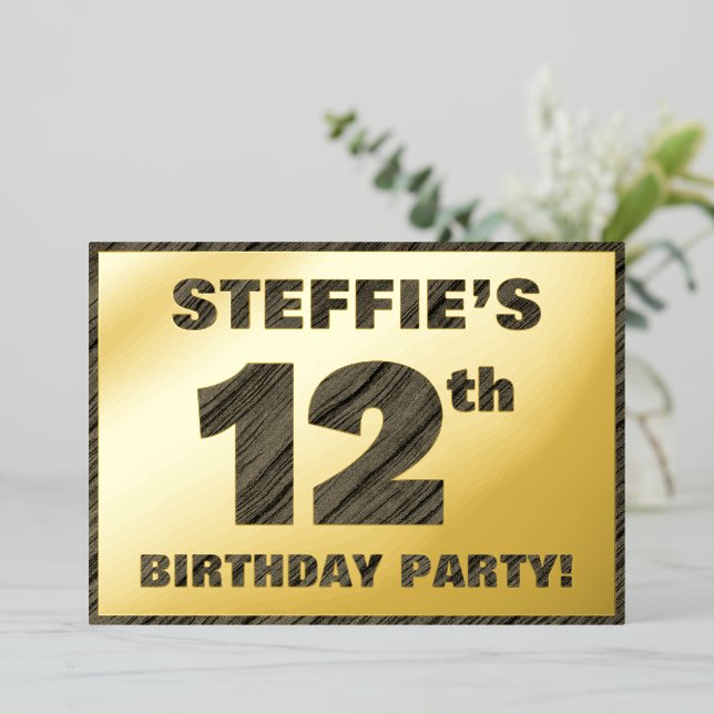 12th Birthday Party — Bold, Faux Wood Grain Text (Standing Front)