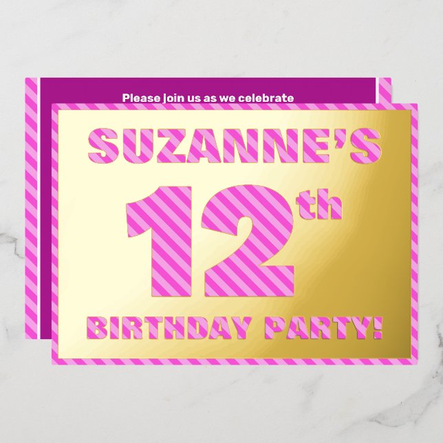 12th Birthday Party — Bold, Fun, Pink Stripes # 12 (Front/Back)