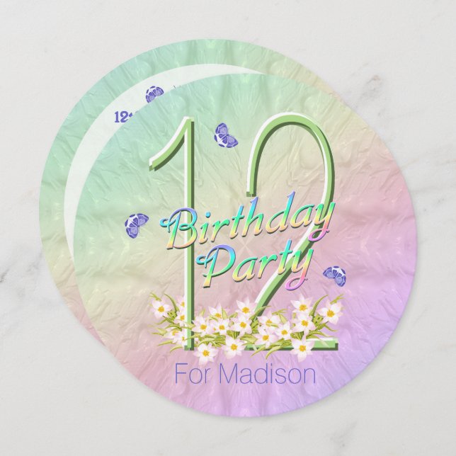 12th Birthday Party Butterfly Rainbow Invitations (Front/Back)