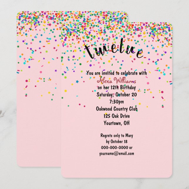 12th Birthday Party confetti Invitation (Front/Back)