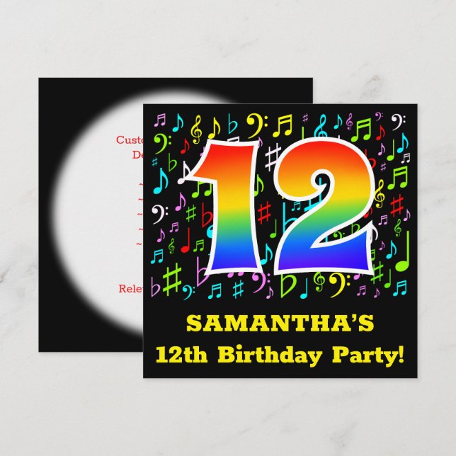 12th Birthday Party: Fun Music Symbols, Rainbow 12 Invitation (Front/Back)
