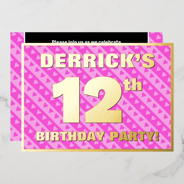 12th Birthday Party — Fun Pink Hearts and Stripes (Front/Back)
