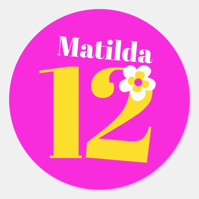 12th Birthday party girls pink yellow white Classic Round Sticker (Front)