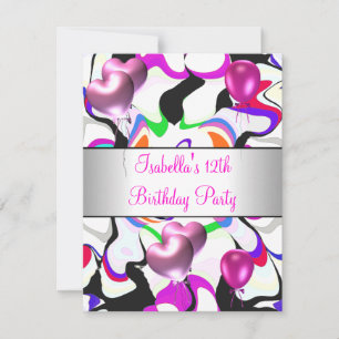 12th Birthday Party Pink Abstract Silver Balloons Invitation