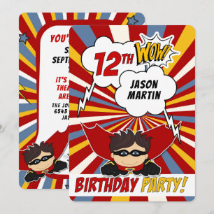 12th Birthday Party Superhero Red Comic for Boys Invitation