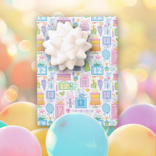 12th Birthday Pastel Pink Cake Presents Balloons  Wrapping Paper Sheet