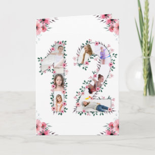 12th Birthday Photo Collage Girl Pink Flower White Card