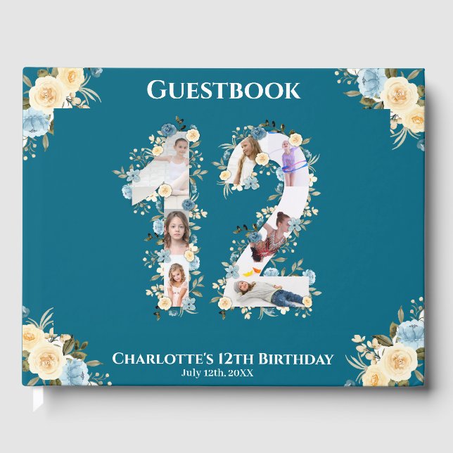 12th Birthday Photo Collage Yellow Flower Teal Guest Book (Front)