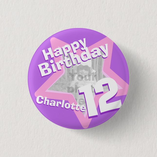 12th Birthday photo fun purple pink button/badge 3 Cm Round Badge (Front)