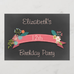 12th Birthday Pink Banner Flowers Chalkboard Invitation