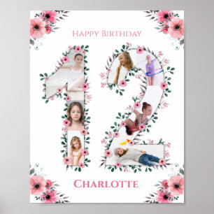 12th Birthday Pink Flower Girl Photo Collage White Poster