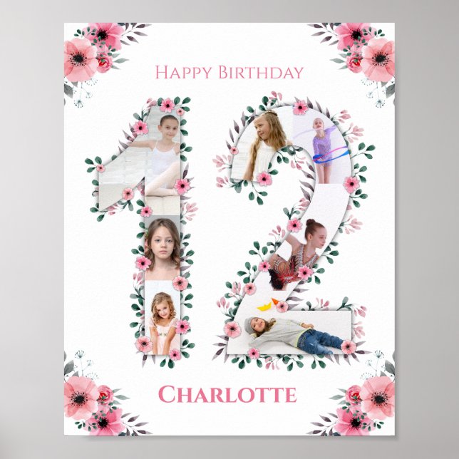 12th Birthday Pink Flower Girl Photo Collage White Poster (Front)