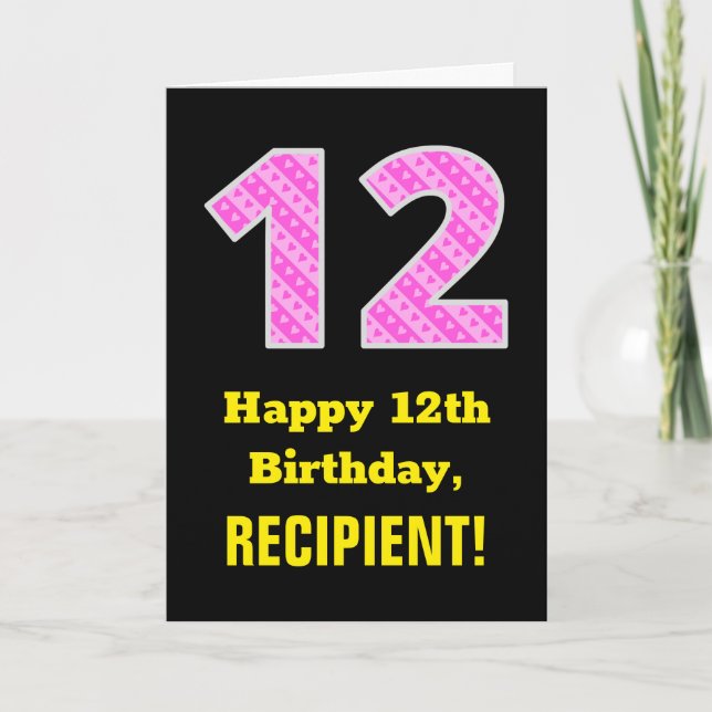 12th Birthday: Pink Stripes and Hearts "12" + Name Card (Front)