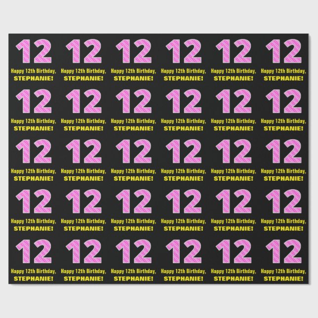 12th Birthday: Pink Stripes and Hearts "12" + Name Wrapping Paper (Flat)