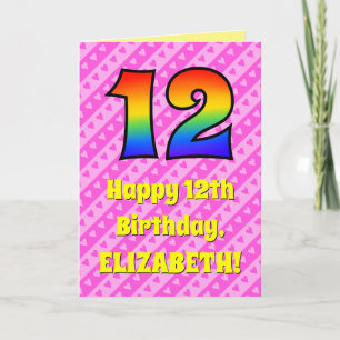 12th Birthday: Pink Stripes & Hearts, Rainbow # 12 Card