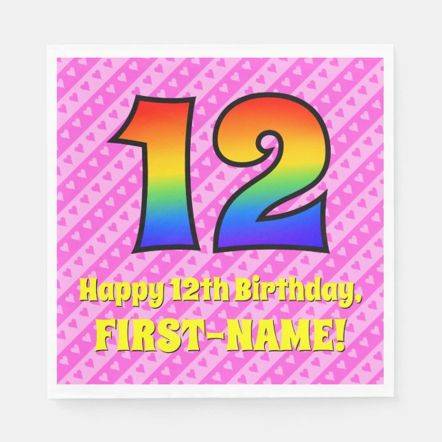 12th Birthday: Pink Stripes & Hearts, Rainbow # 12 Napkin (Front)