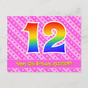 12th Birthday: Pink Stripes & Hearts, Rainbow 12 Postcard