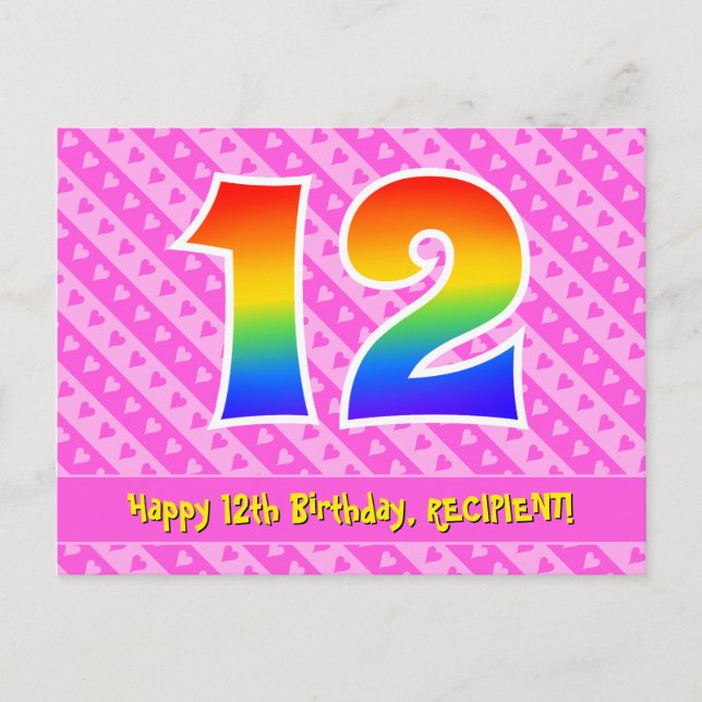 12th Birthday: Pink Stripes & Hearts, Rainbow 12 Postcard (Front)