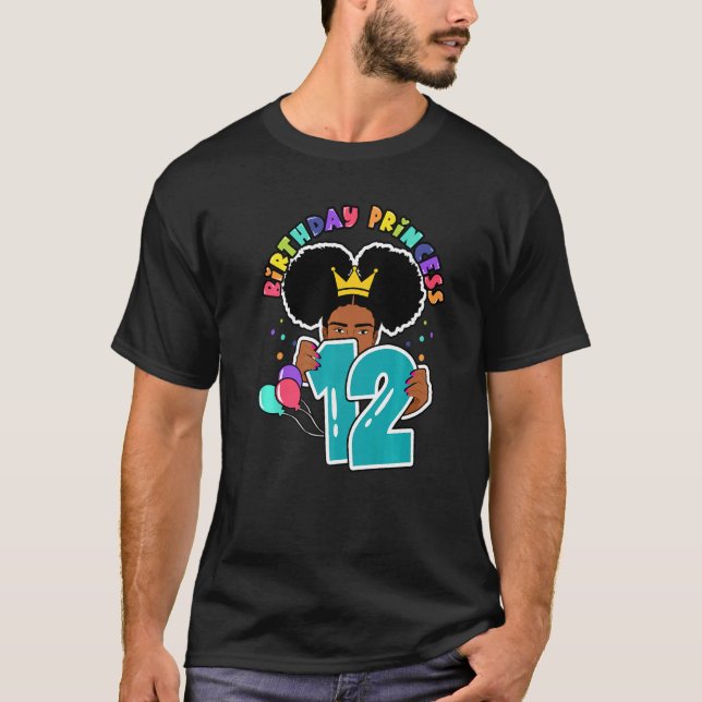 12th Birthday Princess Afro Puffs Girls T-Shirt (Front)