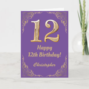 12th Birthday Purple and Gold Glitter Frame Card