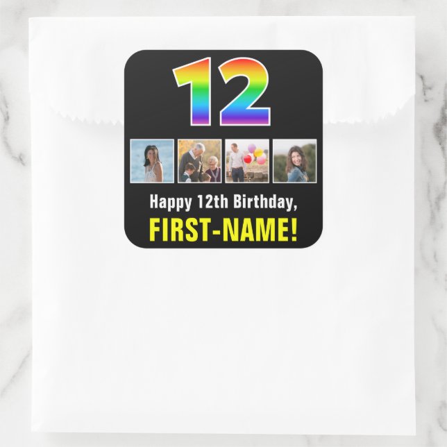 12th Birthday: Rainbow “12”; Custom Photos & Name Square Sticker (Bag)