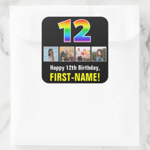 12th Birthday: Rainbow “12”; Custom Photos & Name Square Sticker