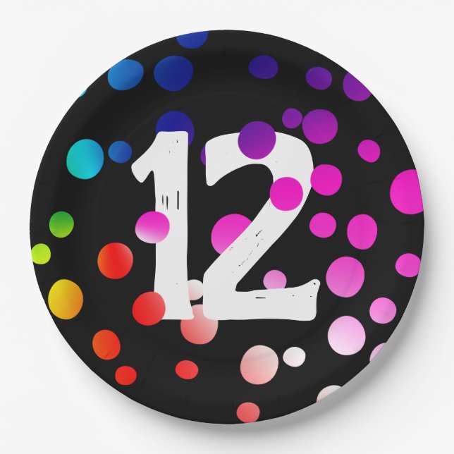 12th Birthday Rainbow Dots on Black Paper Plate (Front)