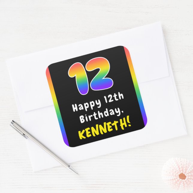 12th Birthday: Rainbow Spectrum # 12, Custom Name Square Sticker (Envelope)
