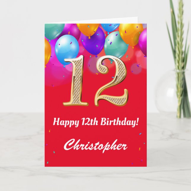 12th Birthday Red and Gold Colourful Balloons Card (Front)
