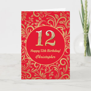 12th Birthday Red and Gold Floral Pattern Card