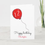 12th Birthday red balloon Card<br><div class="desc">12th birthday red balloon personalised greeting card for him.
Perfect for relatives such as parents or grandparents to give to a son or grandson who is turning twelve or for family friends to give to a boy.  
The name shown,  inside message and age can all be customised as desired.</div>