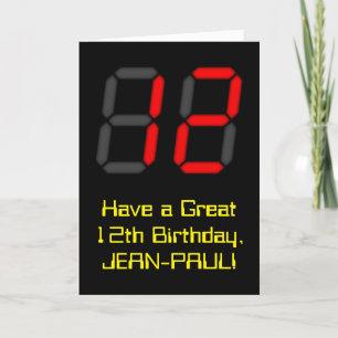 12th Birthday: Red Digital Clock Style "12" + Name Card