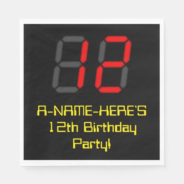 12th Birthday: Red Digital Clock Style "12" + Name Napkin (Front)